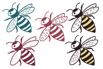 set of cartoon bee vector silhouette illustration isolated on white background