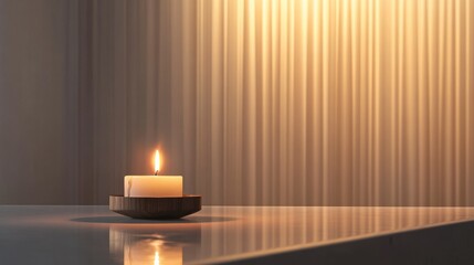 Serene Candlelight A Single Lit Candle on Wooden Base Against Warm Toned Curtains
