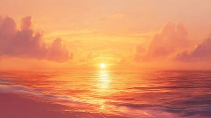 Obraz premium A soft, glowing sunset over a calm sea, with the sky painted in shades of orange and pink, radiating warmth and peace.