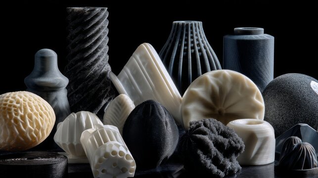 Various objects made from powdered plastic in 3D printer using MJF tech, showing complex detailed additive designs. 