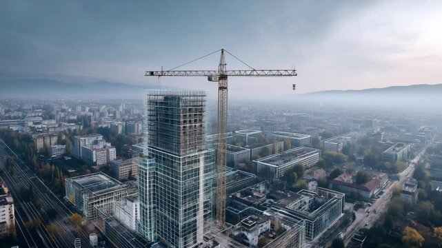 Aerial view of completed building construction with vfx and 3d urban design visualization