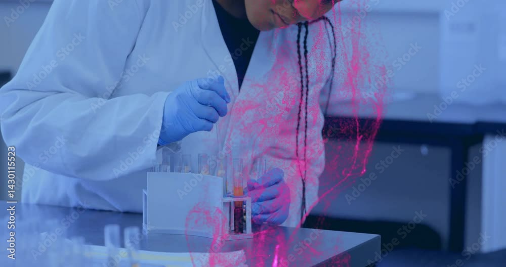 Poster lab technician pipetting liquid into test tubes in science lab, with animated data bars floating