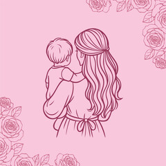 Mother Day. Illustration of a mother holding a baby, surrounded by flowers, in a pink background, line art. Mother and baby back rose background.