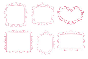 Princess cute pink frame sketch with crown swirl decorations. Simple doodle hand drawn border. Whimsical elegant vintage.