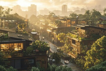 Obraz premium A futuristic eco-friendly city with green rooftops and sustainable architecture bathed in golden sunrise light.