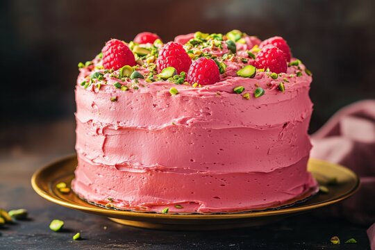 Colorful raspberry pistachio cake with creamy frosting and nuts, beautifully presented on a golden plate with fresh raspberries on top