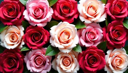 Naklejka premium Bold rose blooms arranged in a square grid, creating a vibrant geometric floral design , digital, beauty