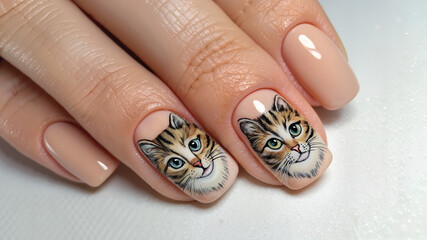 Hand with cat face nail design on soft beige background