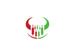 Bear and bull for buy and sell forex trading logo design template vector, Bull Trading Logo, trader faces red bear and green bull and red-green candle in the middle.