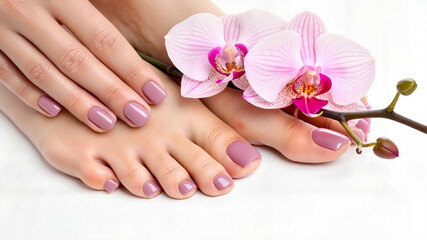 Fototapeta premium Pedicure and manicure with orchid flowers on white background
