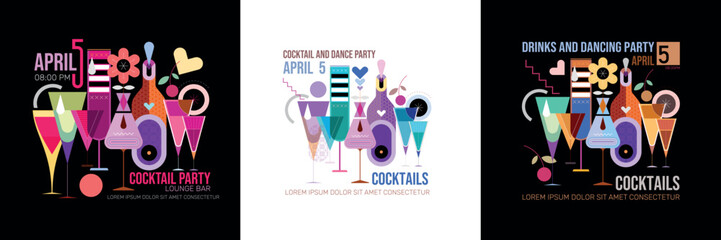 3 options of a Cocktail Party vector poster design featuring a modern cocktail composition isolated on a white and on a black backgrounds.