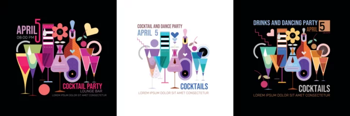 Fotobehang 3 options of a Cocktail Party vector poster design featuring a modern cocktail composition isolated on a white and on a black backgrounds. ©  danjazzia