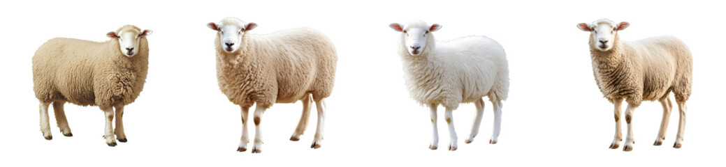 Four sheep stand side by side, showcasing diverse fleece colors