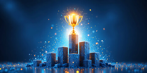 Golden Trophy on Winner's Podium Celebrate Success and Achievement
