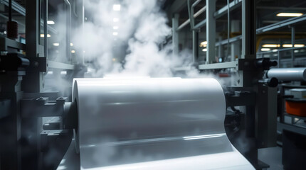 A large roll of metal sheet with steam rising from it in a factory setting with industrial equipment