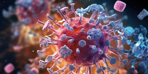 Antibody and viral infection colony structure, Antibodies attacking virus cell into the bloodstream. immune defense of body. Coronavirus covid-19 flu disease, medical science. generative ai.