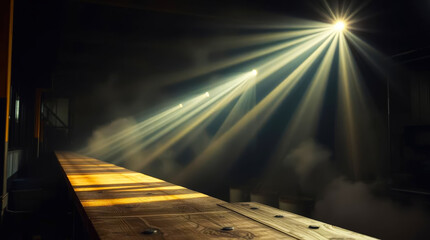 a bright light shining down on a wooden surface in a dark room with smoke close up detail view natur