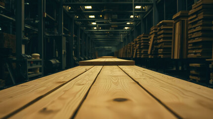 A long wooden table in a warehouse with stacks of wood on the right and industrial shelving on the l