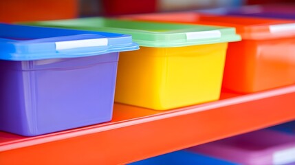 Organized storage solutions for colorful containers in a warehouse environment