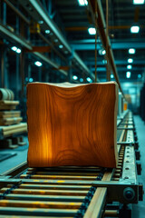 a large wooden block on a conveyor belt in a factory setting with lights close up detail view natura