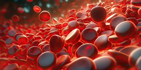 Flowing red blood cells, erythrocyte, health care concept. 3d rendering red blood cells in vein. Generative AI.