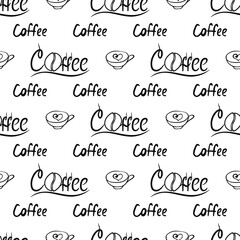 Seamless pattern with the inscription coffee and a coffee cup. Can be used for making wallpaper, fabrics and other types of products
