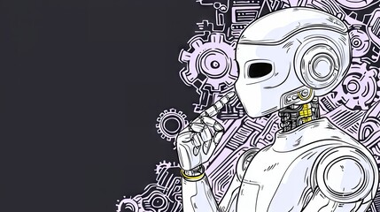 A thoughtful robot, depicted in profile, amidst intricate mechanical gears and circuitry