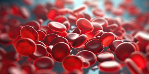 Flowing red blood cells, erythrocyte, health care concept. 3d rendering red blood cells in vein. Generative AI.