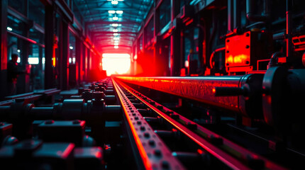 a dark warehouse with red lights on the tracks in the distance close up detail view natural lighting