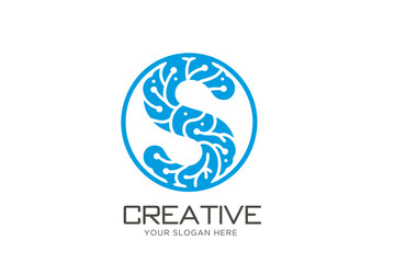 Innovative Letter S with Brain Logo Design. Neuron Logo Design	