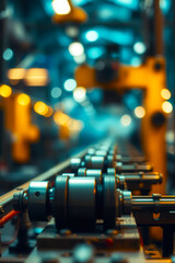 blurred industrial scene with metallic components on assembly line assembly line blurred background