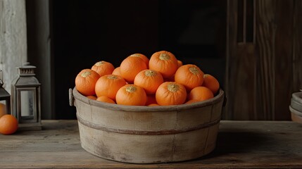 Fresh, orange gourds fill a rustic wooden bowl.