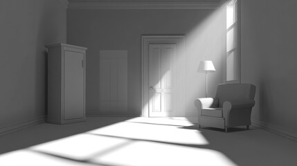 Interior grayscale rendering of a sunlit room.
