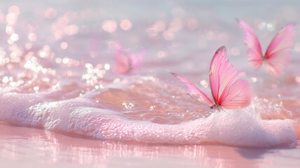 Fototapeta premium Delicate pink butterflies dance over a gentle, rosy beach wave.