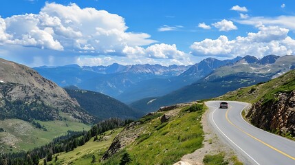 Naklejka premium Scenic mountain drive under a vast blue sky dotted with fluffy clouds, showcasing nature's grandeur and a winding road.