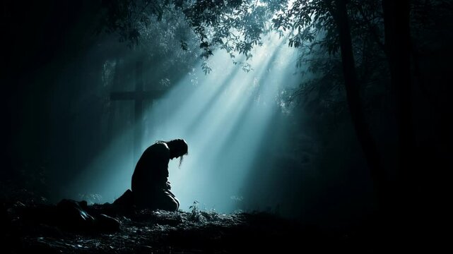  Silhouette of jesus in deep prayer before betrayal and crucifixion in gethsemane s prayer ministry

