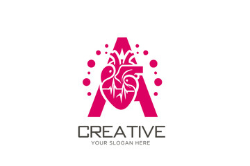 Letter A with Heart Logo Design. Minimal Logo For Medical Professionals