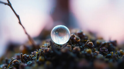a close-up view of a water droplet on a bed of moss and twigs with a blurry background at sunset wit