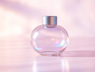 A clear glass perfume bottle on a pink background with natural lighting and a studio shot with copy