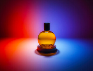 a bottle of perfume on a colorful background with red and blue lights shining on it from the sides b