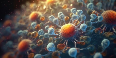 Cell division or cell connection, the microbiological process of reproduction of the simplest microorganisms microbes, bacteria, protein. Cells under a microscope. Generative AI.