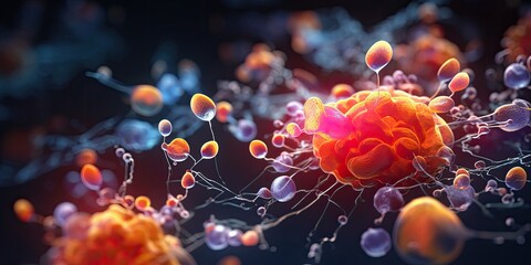 Cell division or cell connection, the microbiological process of reproduction of the simplest microorganisms microbes, bacteria, protein. Cells under a microscope. Generative AI.