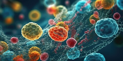 Cell division or cell connection, the microbiological process of reproduction of the simplest microorganisms microbes, bacteria, protein. Cells under a microscope. Generative AI.