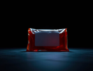 a red shiny object on a dark background with blue lighting effects all around and below it on the fl