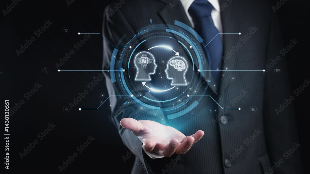 Poster human interact with ai artificial intelligence brain processor in concept of ai artificial intellige