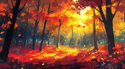 Obraz premium A vibrant autumn forest filled with rich red, orange, and yellow leaves, creating a joyful and vibrant atmosphere.