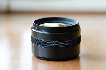 Close-up of a modern camera lens resting on a wooden surface.  The lens's dark black body is smooth and features a textured focusing ring.  A golden element is visible inside the lens