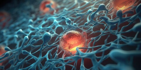 Human cell or Embryonic stem cell, Cells of the body under a microscope on colorful background. Cellular Therapy, Regeneration. Generative AI.