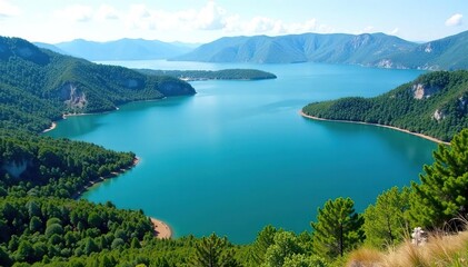 Irregular shaped lake with winding shoreline and islands, satellite, shoreline, geography