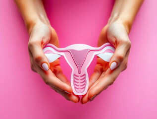 a pair of hands holding a model of a female reproductive organ on pink background anatomical model a